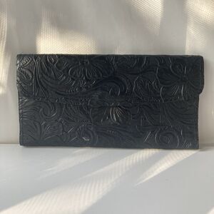 Vintage 70's Black LeatherTooled Embossed Long Wallet Boho South Western Mirror